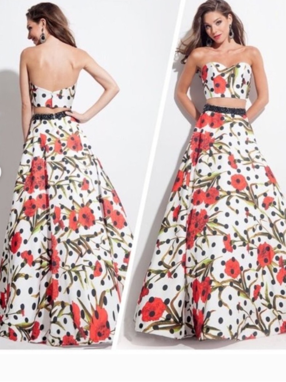 Rachel Allan White Floral & Black Polka Dot Two-Piece Prom Gown Size 6
